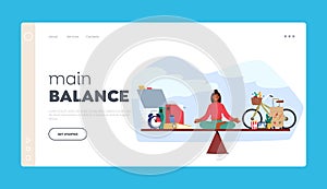 Main Balance Landing Page Template. Woman Sitting on Scales in Meditation Pose, Weighing Her Options Vector Illustration