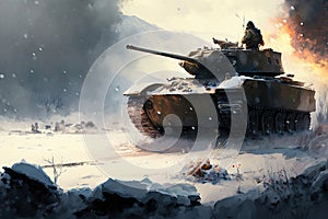 Main battle tank on the battlefield in winter, Generative AI