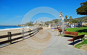 Main Beach and boardwalk in Laguna Beach, California.