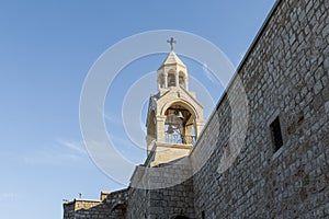 The main bell tower rises on the roof of the Church of Nativity in Bethlehem in Palestine