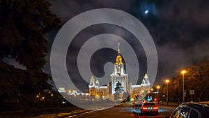 The main building of Moscow State University, evening time lapse. Beautiful evening cityscape, traffic, 4k