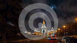 The main building of Moscow State University, evening time lapse. Beautiful evening cityscape, traffic, 4k