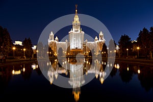 The main building of Moscow State University at night