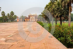 Main Building of the tomb of Akbar the Great in Agra on overcast day