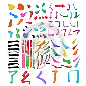 Main Chinese hieroglyphs calligraphy graphic symbol colored element set DOT, HOOK, HORIZONTAL, VERTICAL, FALLING LEFTWARDS,