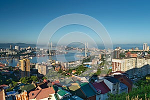 The main city of Primorsky region Rossi city port of Vladivostok. View of the port city of Vladivostok, the top of the Hill