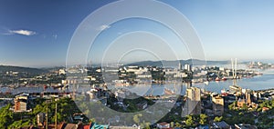 The main city of Primorsky region Rossi city port of Vladivostok. View of the port city of Vladivostok, the top of the Hill