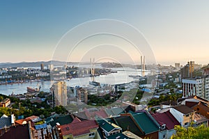 The main city of Primorsky region Rossi city port of Vladivostok. View of the port city of Vladivostok, the top of the Hill