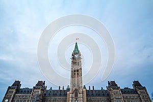 Main clock tower of the center block of the Parliament of Canada, in the Canadian Parliamentary complex of Ottawa, Ontario.
