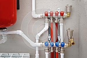 Main control manifold of house heating system Independent heating system in boiler room at home