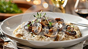 The main course is an artfully plated dish of mushroom risotto made with creamy arborio rice and seasoned with fragrant
