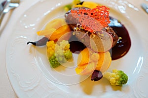 Main course in the restaurant. The food is nicely laid on a white plate with a delicate pattern. mouth-watering dish and