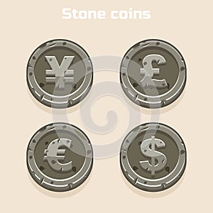 Main currencies symbols represented as shiny stone coins