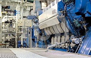 Main Engine in Machinery Room on board modern ship