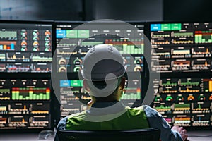 Main engineer following the plant process using Industry 4.0. Operator control process of production uses computer screens with