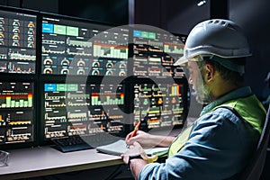 Main engineer following the plant process using Industry 4.0. Operator control process of production uses computer screens with