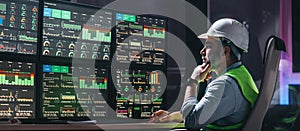 Main engineer following the plant process using Industry 4.0. Operator control process of production uses computer screens with