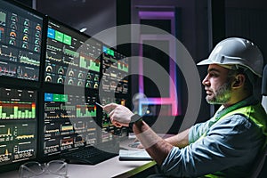 Main engineer operator and computer screens with modern following production system Industry 4.0 Head engineer of factory control