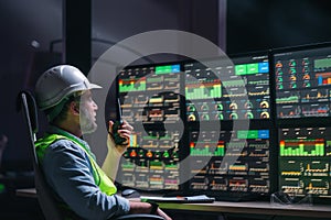 Main engineer operator and computer screens with modern following production system Industry 4.0 Head engineer of factory control