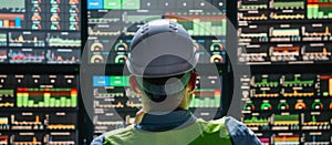 Main engineer operator and computer screens with modern following production system Industry 4.0 Head engineer of factory control