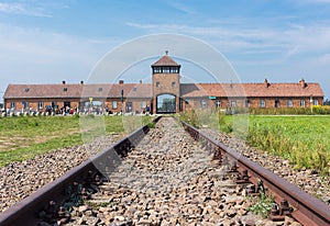 The main entrance of Auschwitz II - Birkenau concentration nazi camp, Poland.