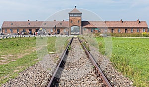 The main entrance of Auschwitz II - Birkenau concentration nazi camp, Poland.