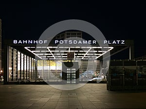 The main entrance of the Berlin Potsdamer Platz train station at night in Berlin. Germany.