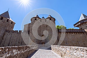 The main entrance from the bridge to the medieval castle of Carcassonne town