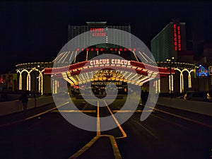 Main entrance of the Circus Circus Las Vegas hotel by night