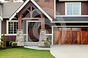 Main entrance door and garage in house. Wooden front door with gabled porch and landing. Exterior of craftsman style home cottage