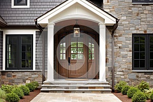 Main entrance door in house. Wooden front door with gabled porch and landing. Exterior of georgian style home cottage with white