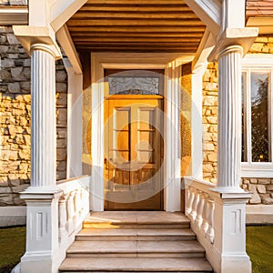 Main entrance door in house. Wooden front door with gabled porch and landing. Exterior of georgian style home cottage with white