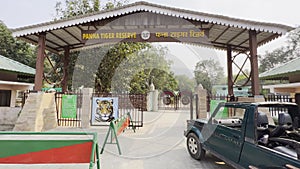 main entrance or entry gate for safari vehicles and tourists at madla gate of panna national park forest tiger reserve madhya