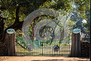 Main entrance gate of tala zone locked and closed for safari and tourist at bandhavgarh national park or tiger reserve