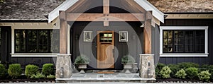 main entrance of a house with wooden front door and columns home real estate stone walls, american style architecture