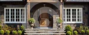 main entrance of a house with wooden front door and columns home real estate stone walls, american style architecture