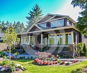 Main entrance of residential house with delicately landscaped front yard