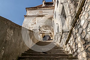 Main entrance staircase of the medieval Castle of Bran, known as the castle of Dracula. Brasov, Transylvania. Romania