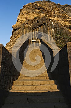 Main entrance stone steps of Lohagad hill fort, Pune district, Maharashtra, India