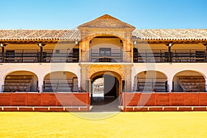 Main entrance to the bullring of Almaden, Spain, a world heritage site.