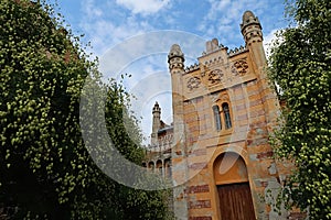 Main entrance to decaying synagogue in Vrbove, Slovakia, built in 19th century around year 1882, in maur architectonic style.