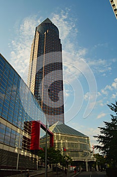Main entrance to Messe Frankfurt with Messeturm in the background. photo