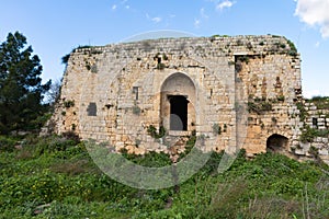 The main  entrance to the ruins of crusader Fortress Chateau Neuf - Metsudat Hunin is located at the entrance to the Israeli