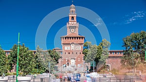 Main entrance to the Sforza Castle - Castello Sforzesco and fountain in front of it timelapse, Milan, Italy