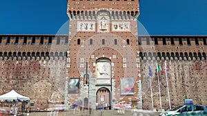 Main entrance to the Sforza Castle - Castello Sforzesco timelapse hyperlapse, Milan, Italy