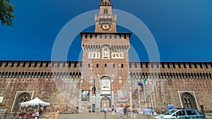 Main entrance to the Sforza Castle - Castello Sforzesco timelapse , Milan, Italy