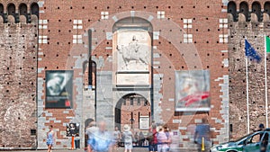 Main entrance to the Sforza Castle - Castello Sforzesco timelapse, Milan, Italy