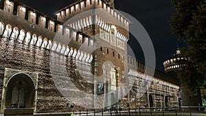 Main entrance to the Sforza Castle and tower - Castello Sforzesco day to night timelapse, Milan, Italy