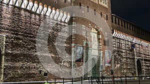 Main entrance to the Sforza Castle and tower - Castello Sforzesco day to night timelapse, Milan, Italy