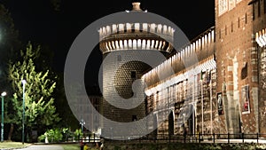 Main entrance to the Sforza Castle and tower - Castello Sforzesco day to night timelapse, Milan, Italy